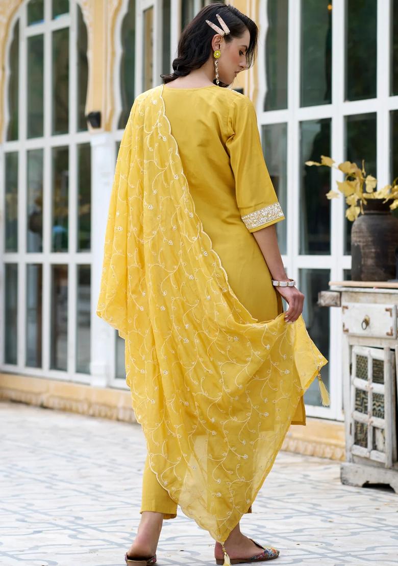 Yellow Embroidered Silk Blend Kurta Set - Indya