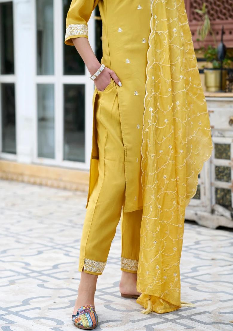 Yellow Embroidered Silk Blend Kurta Set - Indya