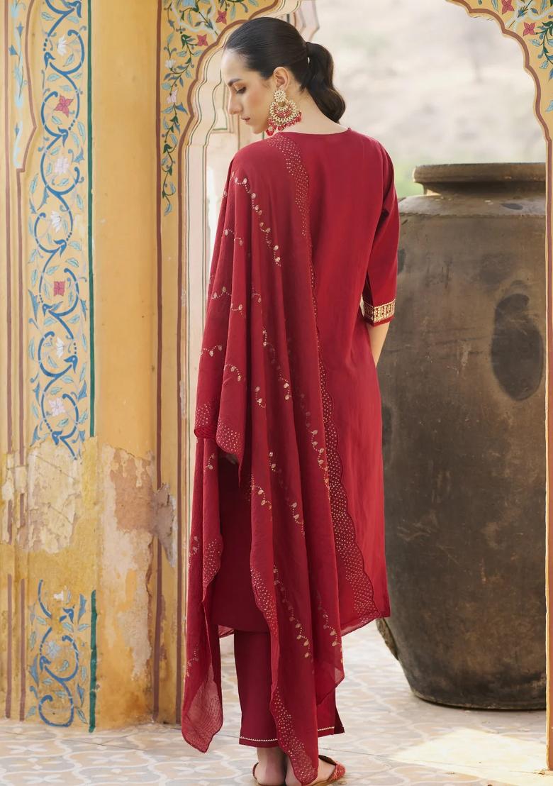 Maroon Embroidered Viscose Kurta Set - Indya