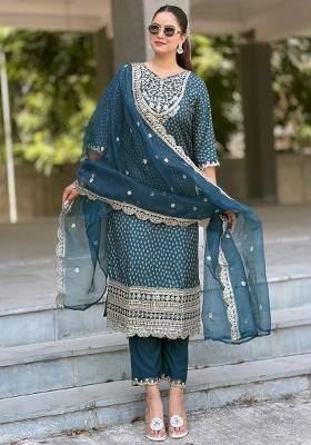 Blue Embroidered Muslin Kurta Set