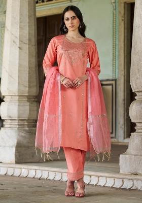 Peach Embroidered Viscose Kurta Set