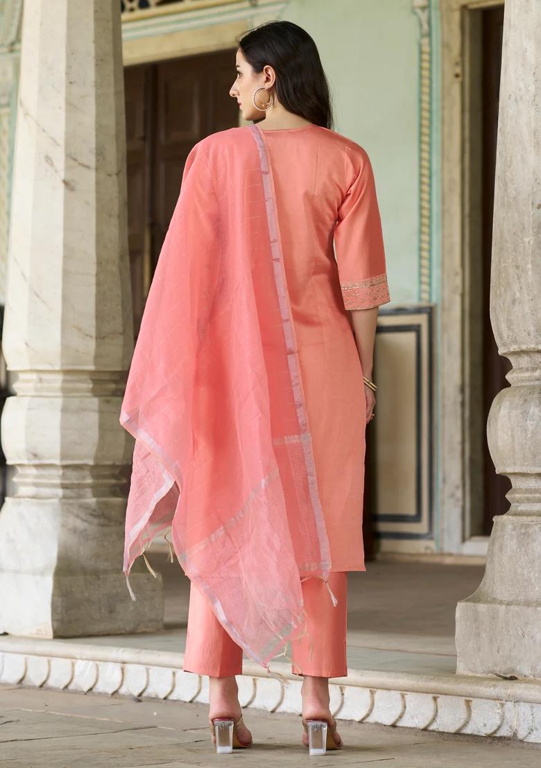 Peach Embroidered Viscose Kurta Set - Indya