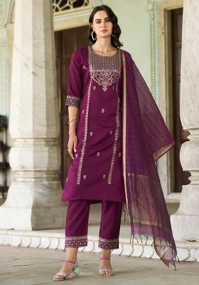 Purple Embroidered Viscose Kurta Set