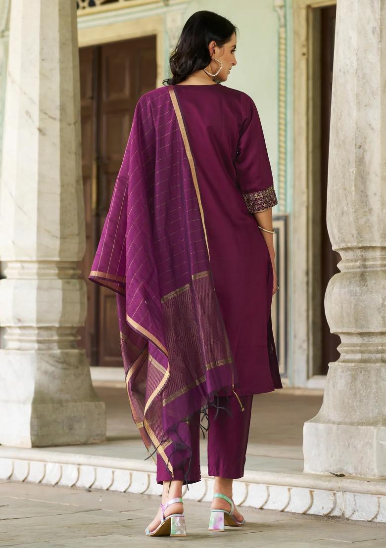 Purple Embroidered Viscose Kurta Set - Indya