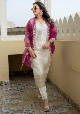 White Embroidered Silk Blend Kurta Set