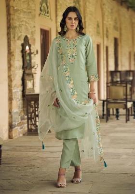 Green Embroidered Silk Blend Kurta Set