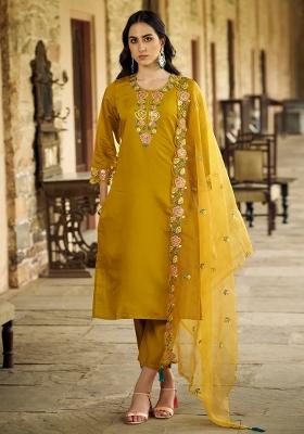 Yellow Embroidered Silk Blend Kurta Set