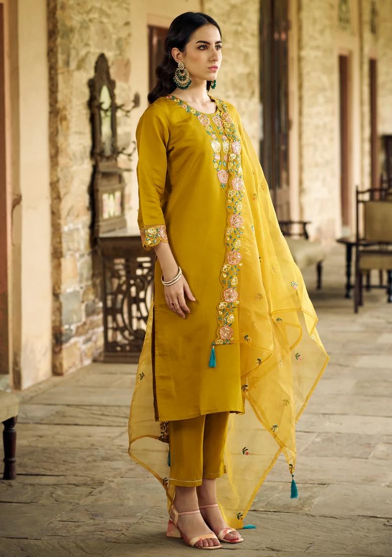 Yellow Embroidered Silk Blend Kurta Set - Indya