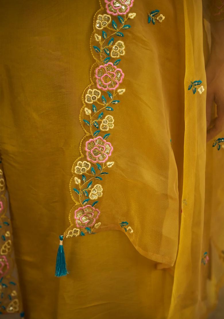 Yellow Embroidered Silk Blend Kurta Set - Indya