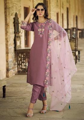 Purple Embroidered Silk Blend Kurta Set