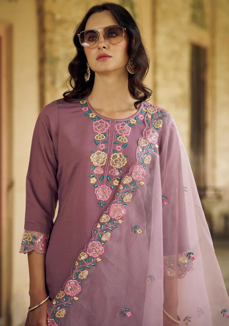 Purple Embroidered Silk Blend Kurta Set - Indya