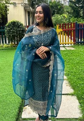Blue Embroidered Muslin Kurta Set