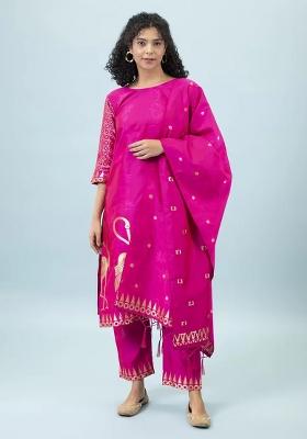 Pink Printed Silk Blend Kurta Set