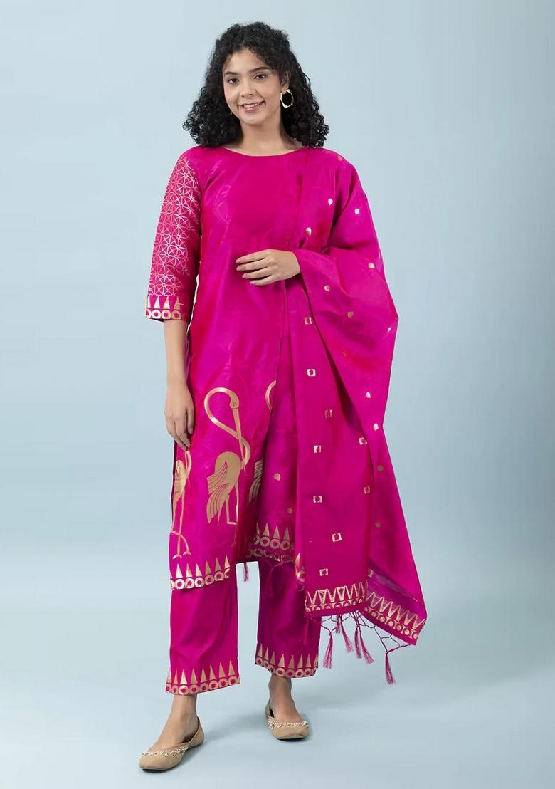 Pink Printed Silk Blend Kurta Set - Indya