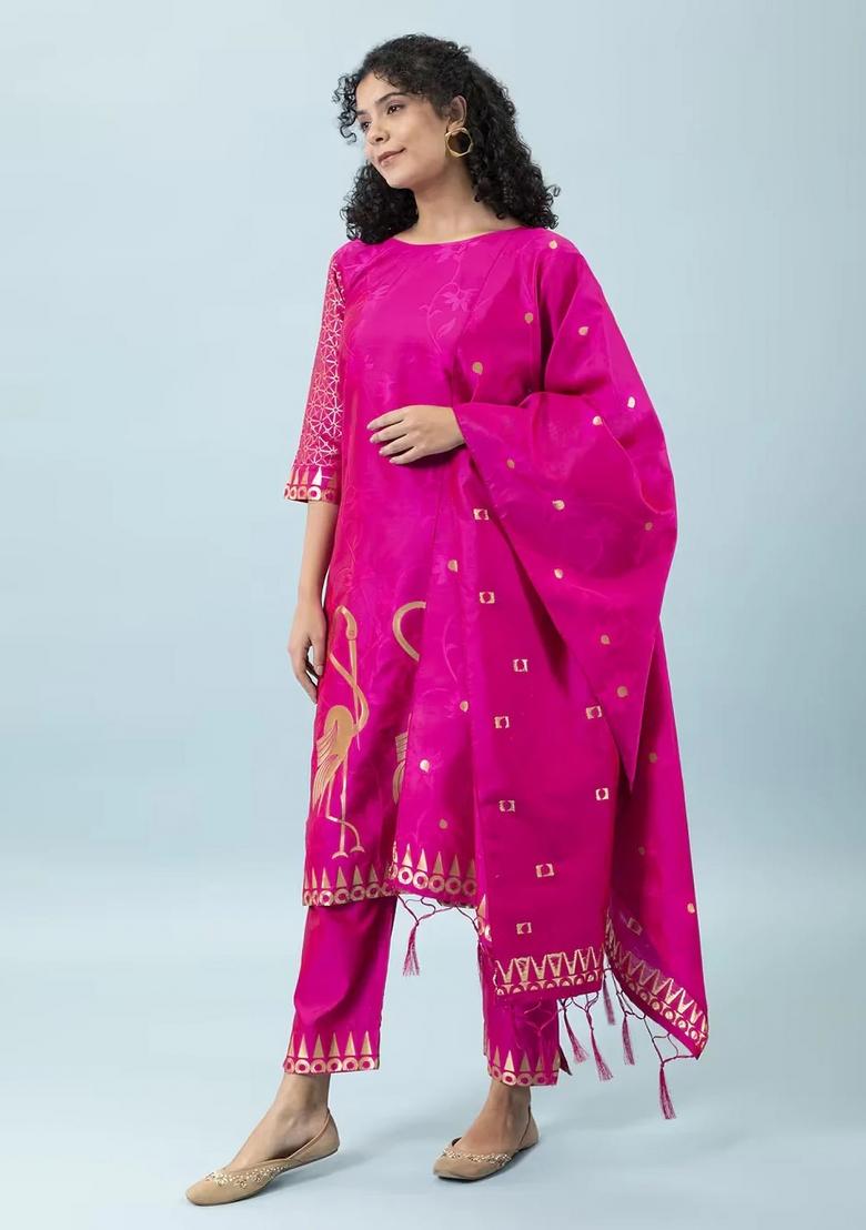 Pink Printed Silk Blend Kurta Set - Indya