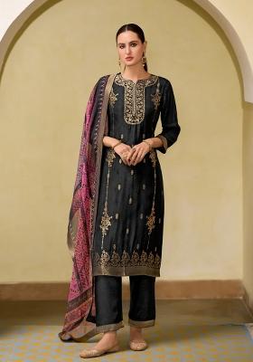 Black Embroidered Silk Blend Kurta Set
