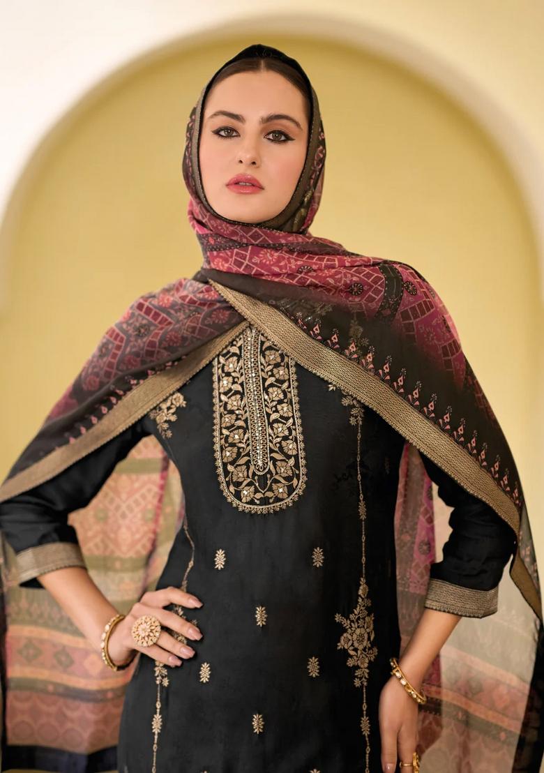Black Embroidered Silk Blend Kurta Set - Indya