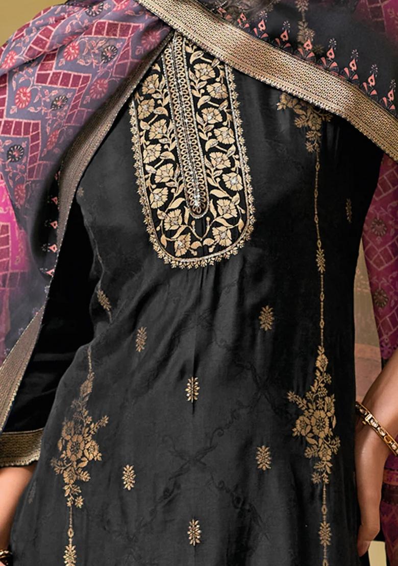 Black Embroidered Silk Blend Kurta Set - Indya