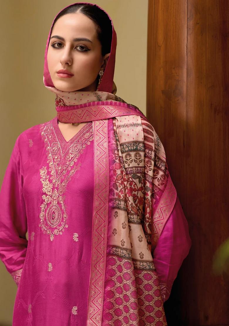 Pink Embroidered Silk Blend Kurta Set - Indya