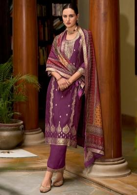 Purple Embroidered Silk Blend Kurta Set