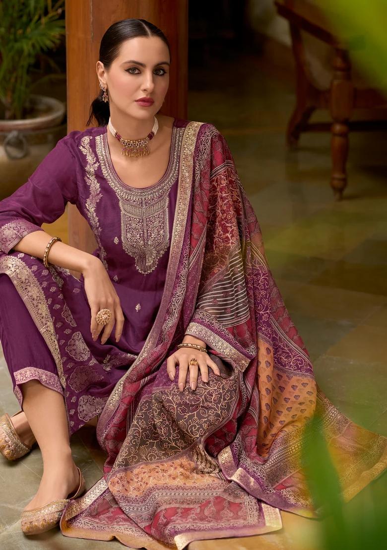 Purple Embroidered Silk Blend Kurta Set - Indya