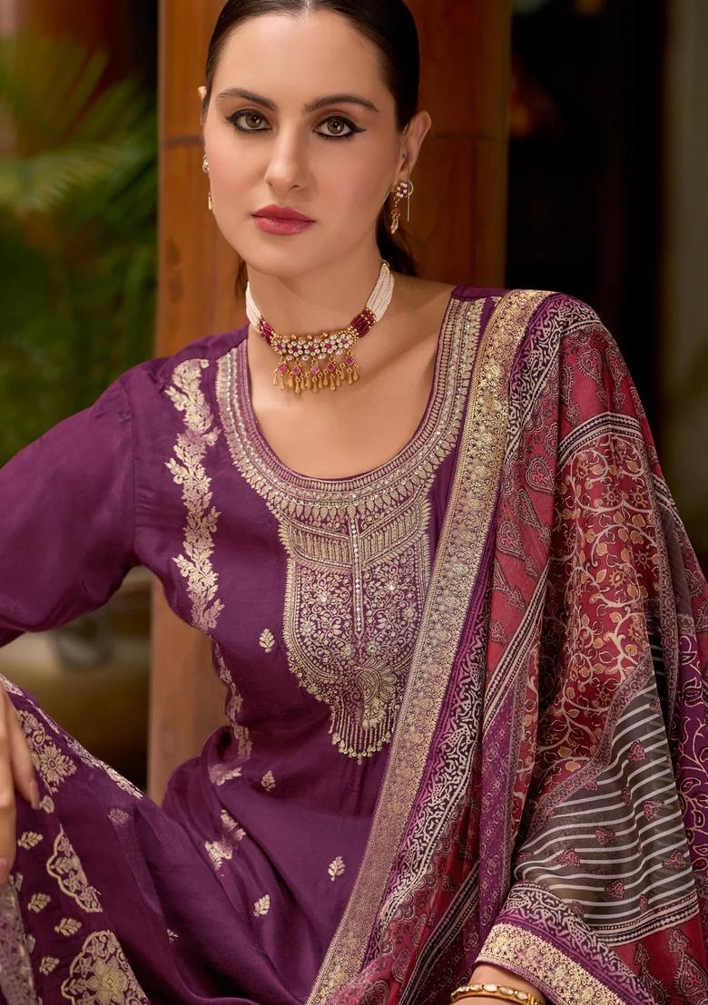 Purple Embroidered Silk Blend Kurta Set - Indya
