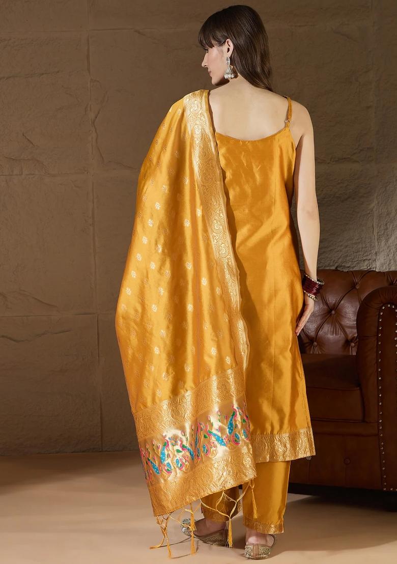 Yellow Printed Silk Blend Kurta Set - Indya