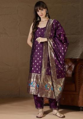 Purple Printed Silk Blend Kurta Set