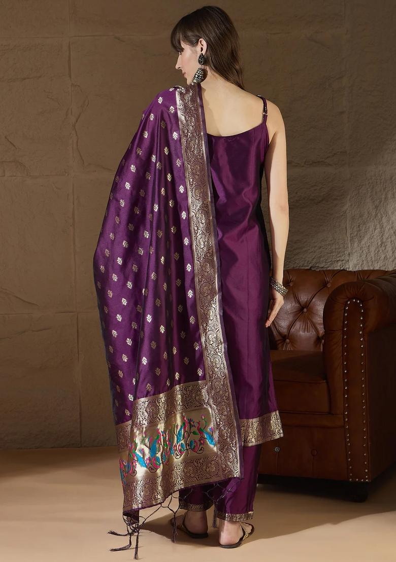 Purple Printed Silk Blend Kurta Set - Indya