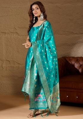 Teal Green Printed Silk Blend Kurta Set