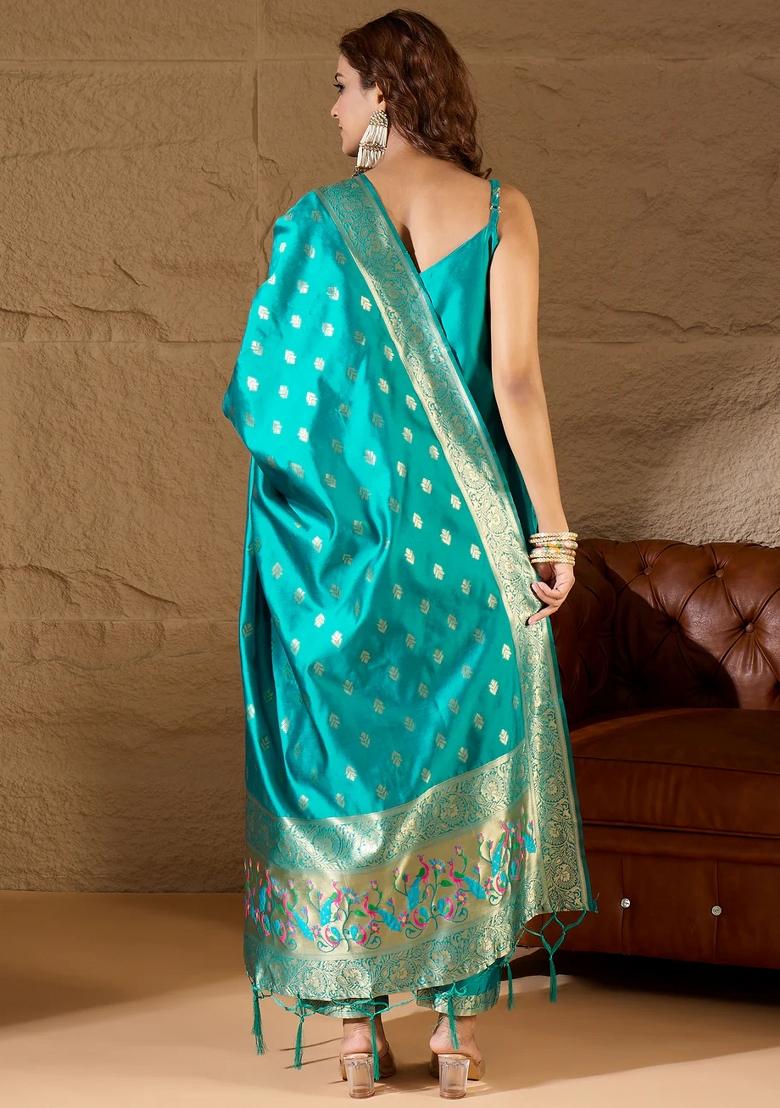 Teal Green Printed Silk Blend Kurta Set - Indya