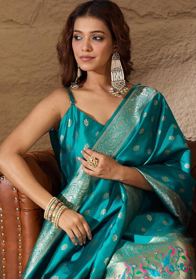 Teal Green Printed Silk Blend Kurta Set - Indya