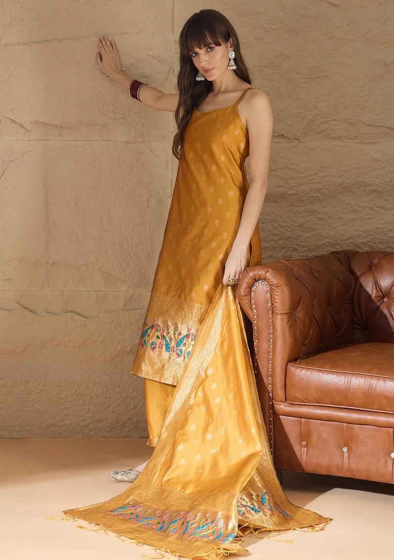 Yellow Printed Silk Blend Kurta Set - Indya