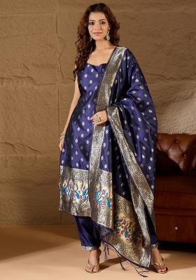 Blue Printed Silk Blend Kurta Set