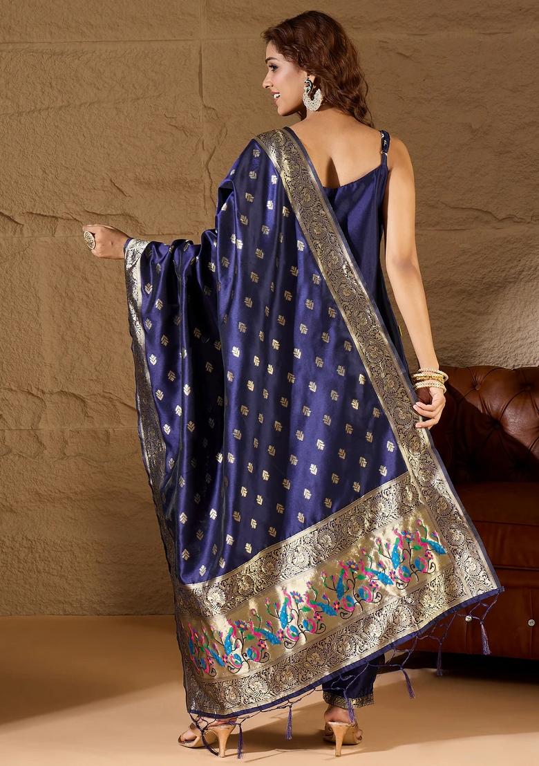 Blue Printed Silk Blend Kurta Set - Indya