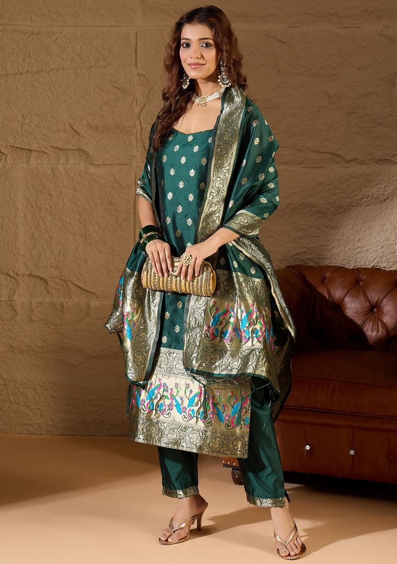 Green Printed Silk Blend Kurta Set - Indya