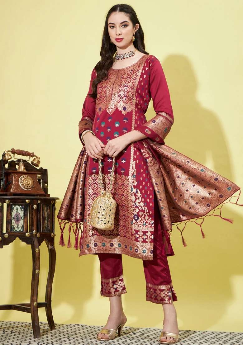 Maroon Printed Silk Blend Kurta Set - Indya