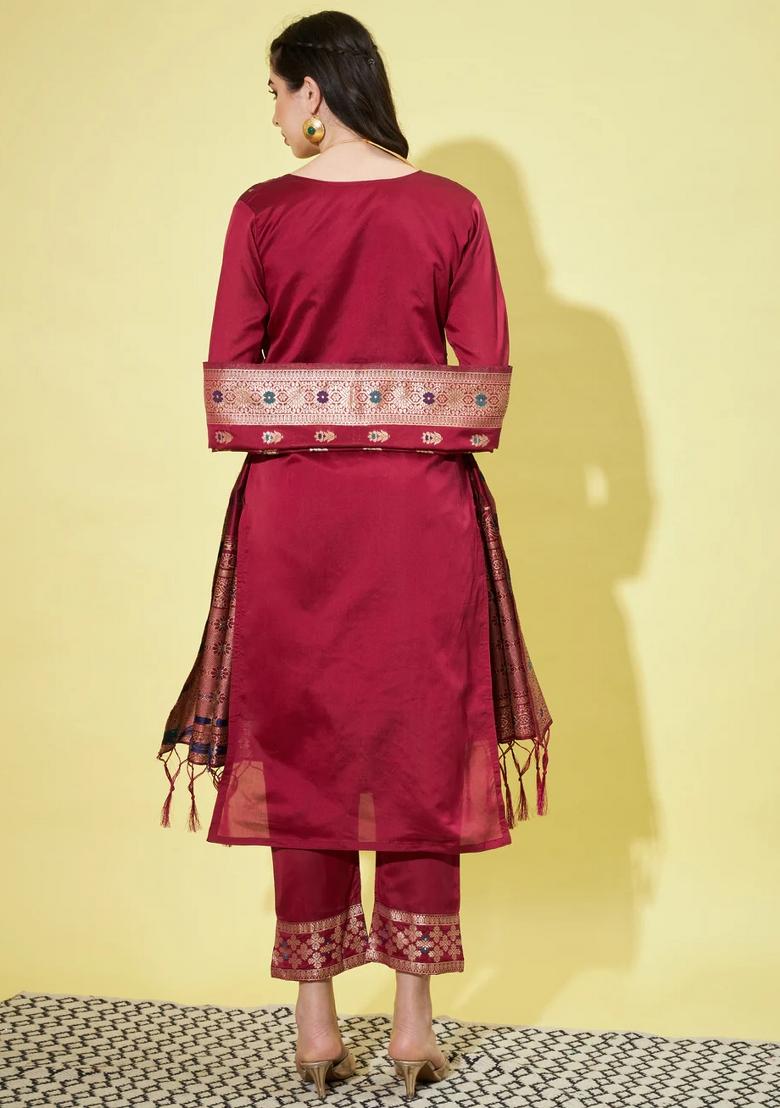 Maroon Printed Silk Blend Kurta Set - Indya