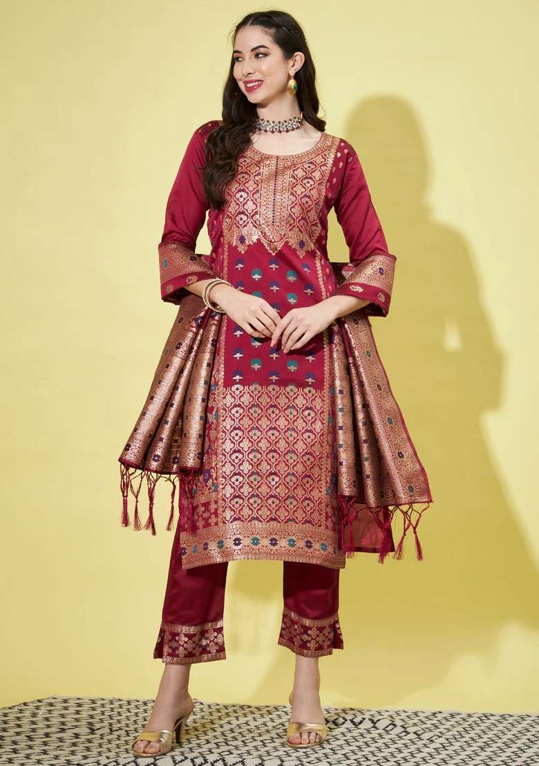 Maroon Printed Silk Blend Kurta Set - Indya