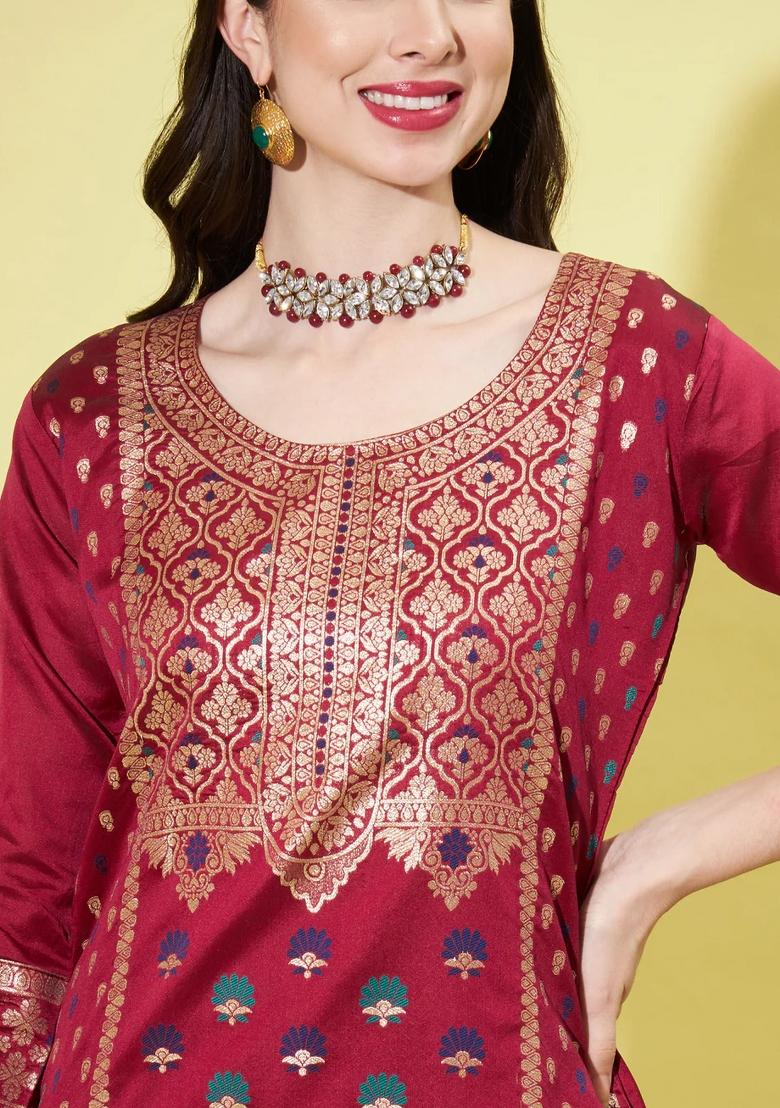 Maroon Printed Silk Blend Kurta Set - Indya