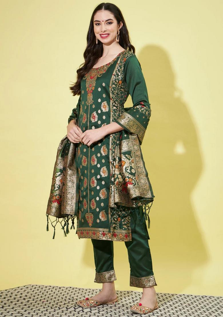 Green Printed Silk Blend Kurta Set - Indya