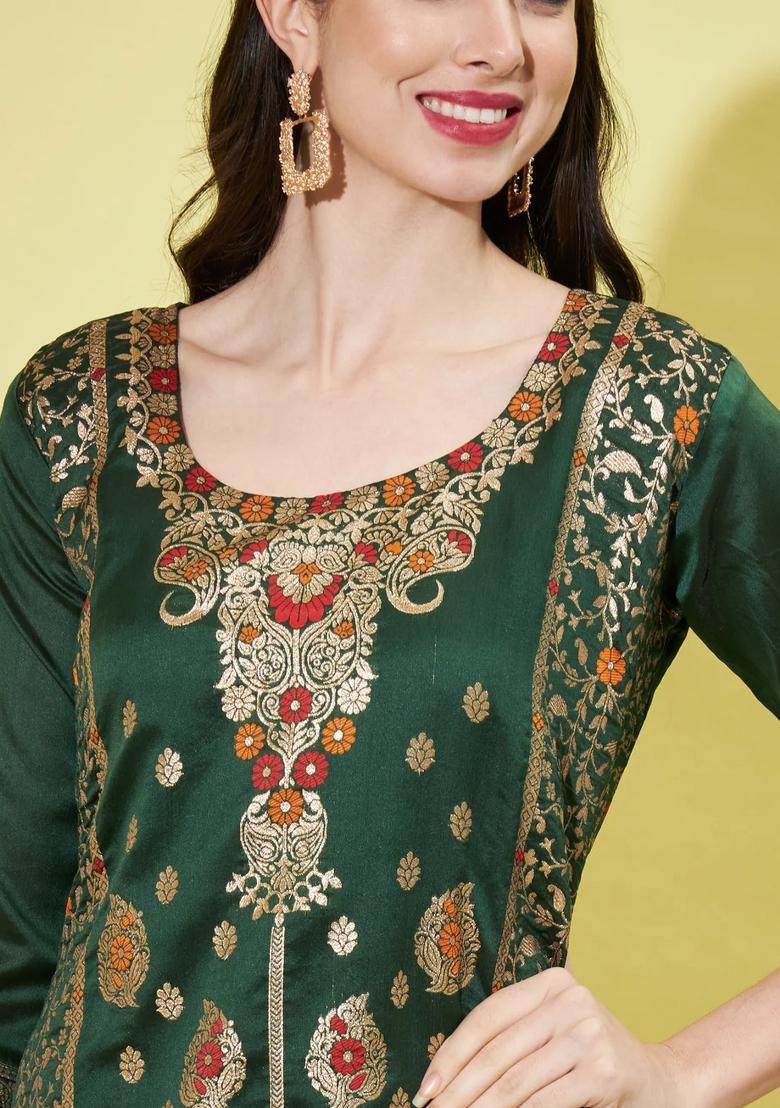 Green Printed Silk Blend Kurta Set - Indya