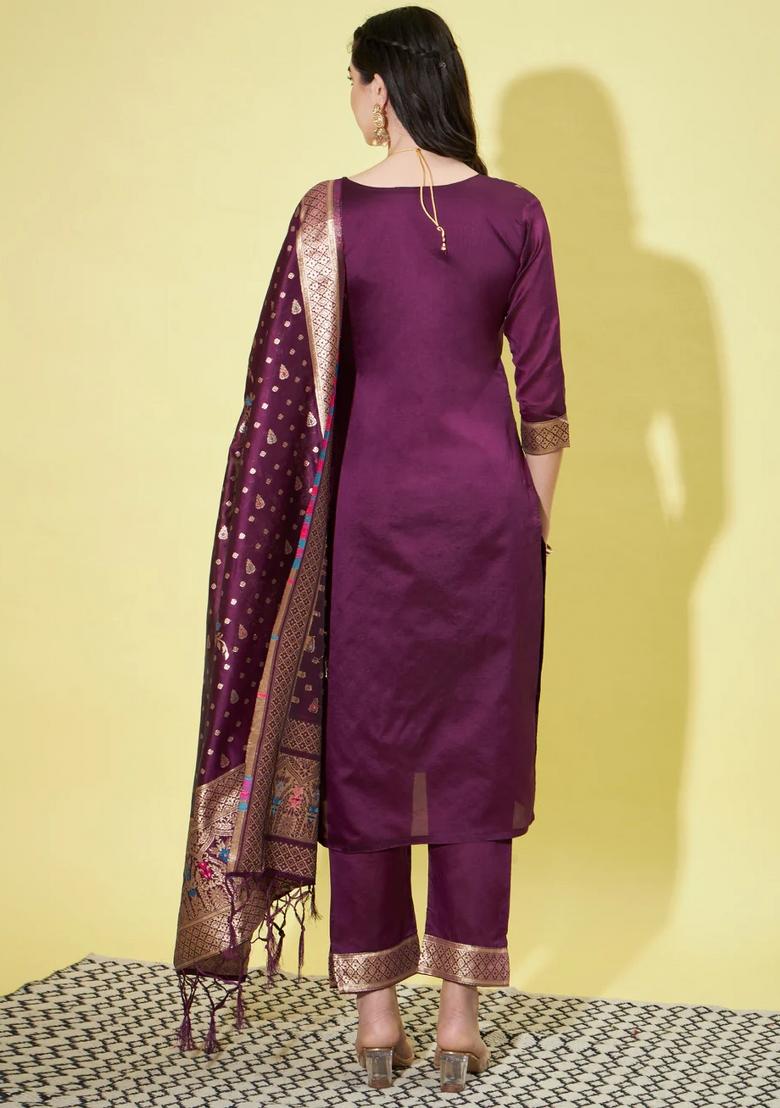 Purple Printed Silk Blend Kurta Set - Indya