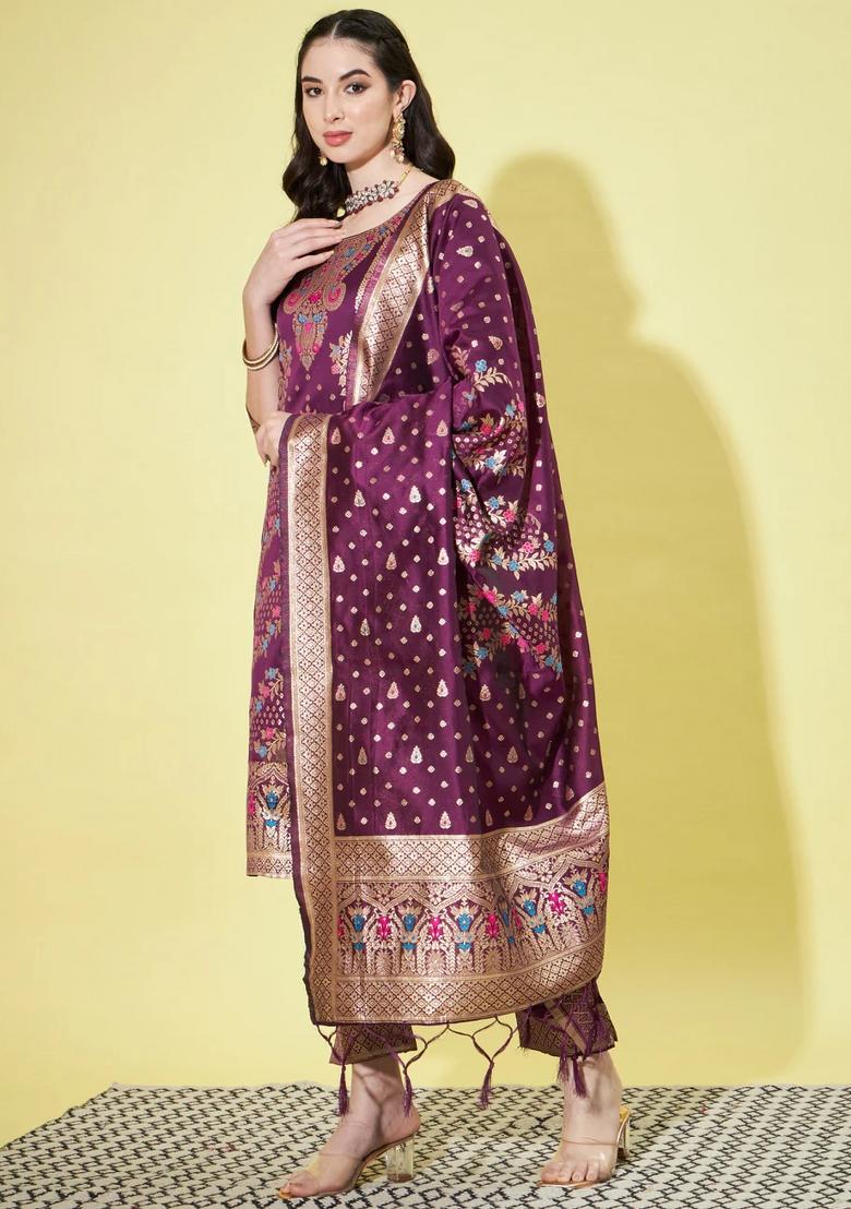 Purple Printed Silk Blend Kurta Set - Indya