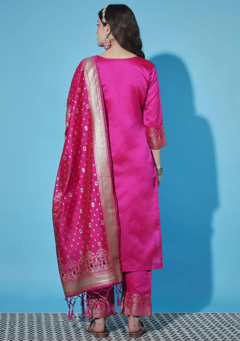 Pink Printed Silk Blend Kurta Set - Indya