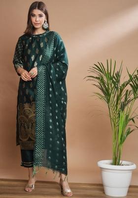 Green Printed Silk Blend Kurta Set