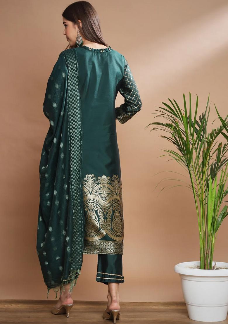 Green Printed Silk Blend Kurta Set - Indya