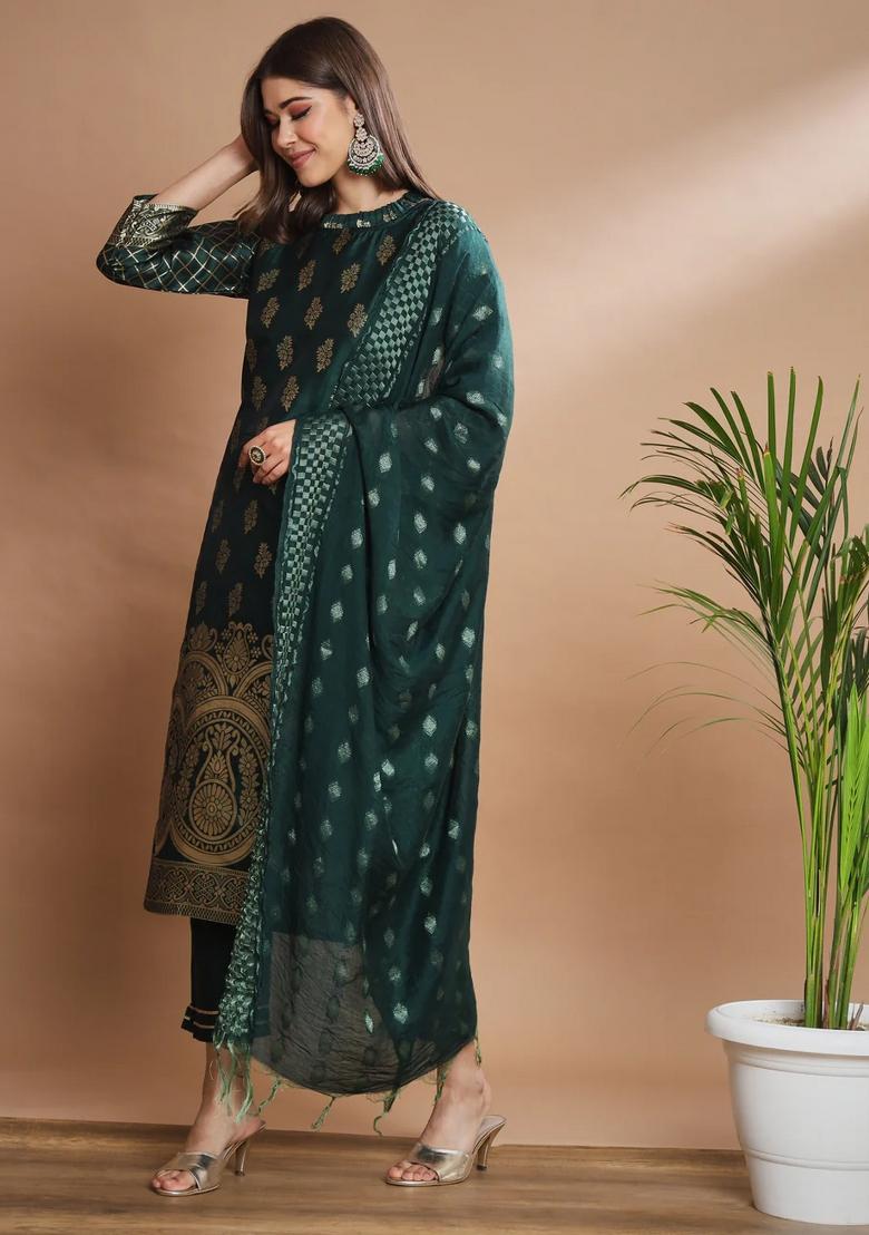 Green Printed Silk Blend Kurta Set - Indya