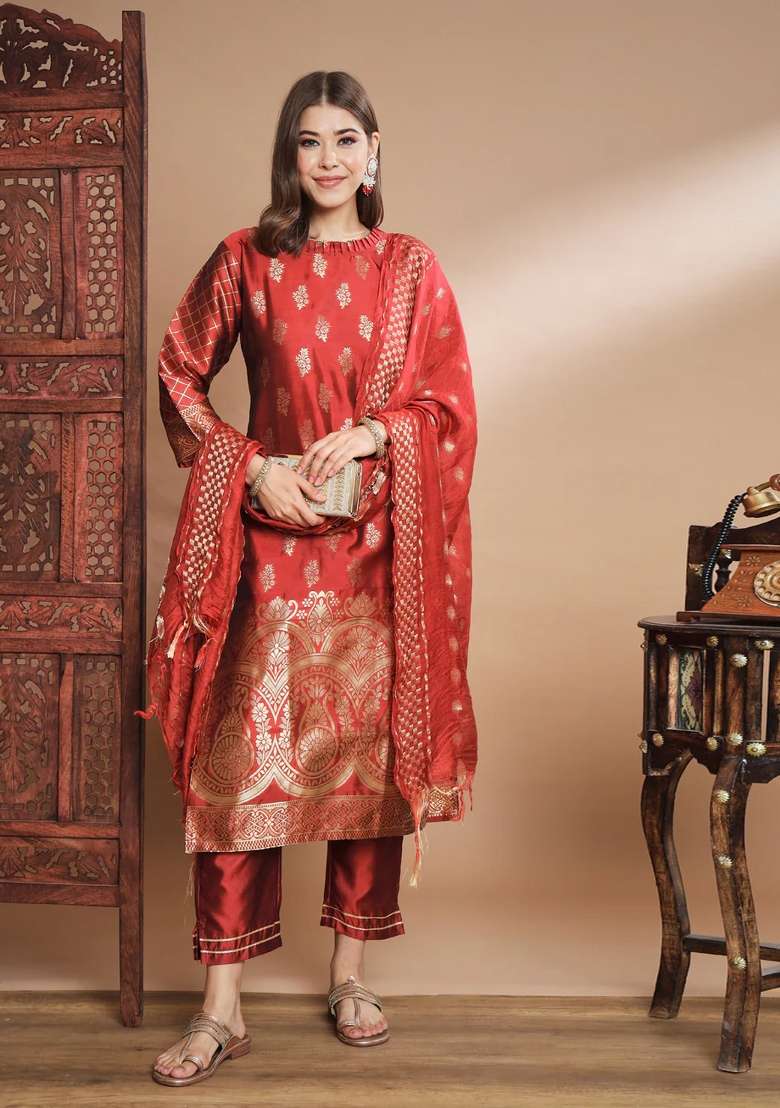 Maroon Printed Silk Blend Kurta Set - Indya