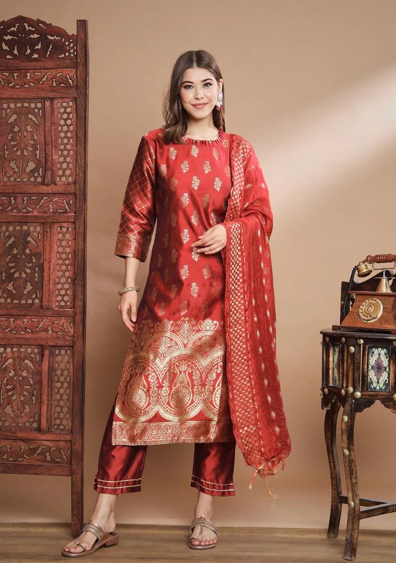 Maroon Printed Silk Blend Kurta Set - Indya